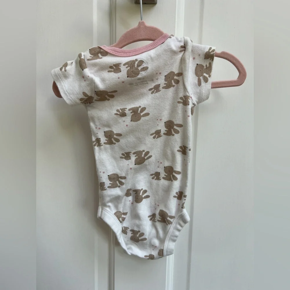 Wonder Nation 0-3M White & Brown Bunny Girls Short Sleeve Onesie